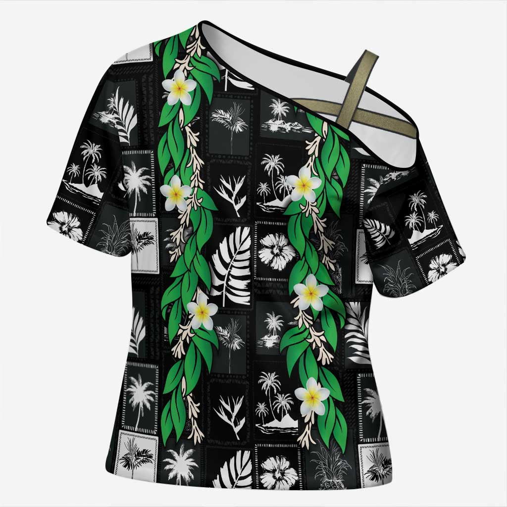 Aloha Hawaii Tuberose Lei Cross Shoulder Shirt Tropical Vibes Black Color LT14 Female Black - Polynesian Pride