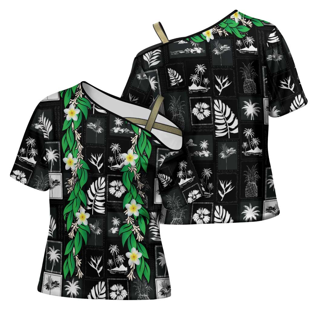 Aloha Hawaii Tuberose Lei Cross Shoulder Shirt Tropical Vibes Black Color LT14 - Polynesian Pride