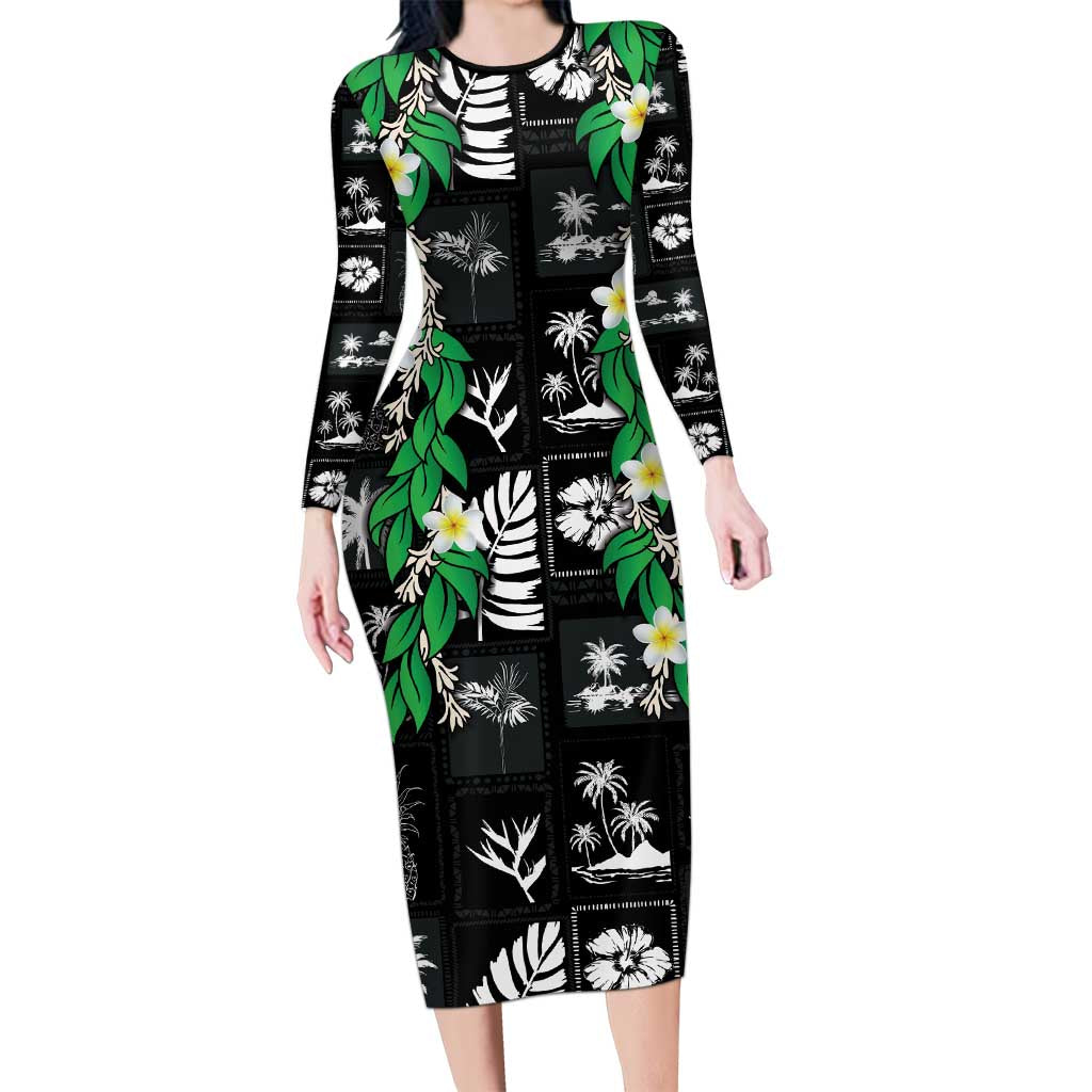 Aloha Hawaii Tuberose Lei Long Sleeve Bodycon Dress Tropical Vibes Black Color LT14 Long Dress Black - Polynesian Pride