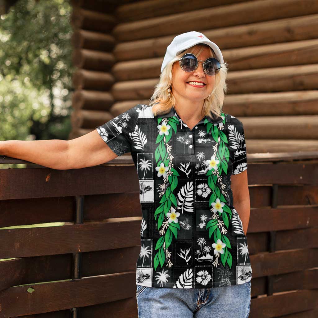 Aloha Hawaii Tuberose Lei Women Polo Shirt Tropical Vibes Black Color LT14 - Polynesian Pride