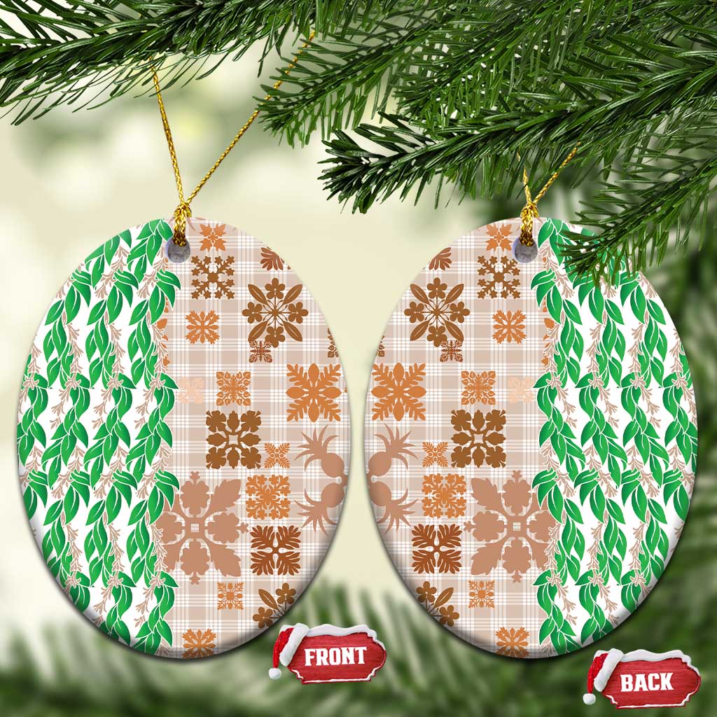 Aloha Hawaii Palaka Tuberose Lei Ceramic Ornament Hawaiian Quilt Seamless Style LT14 Oval Beige - Polynesian Pride