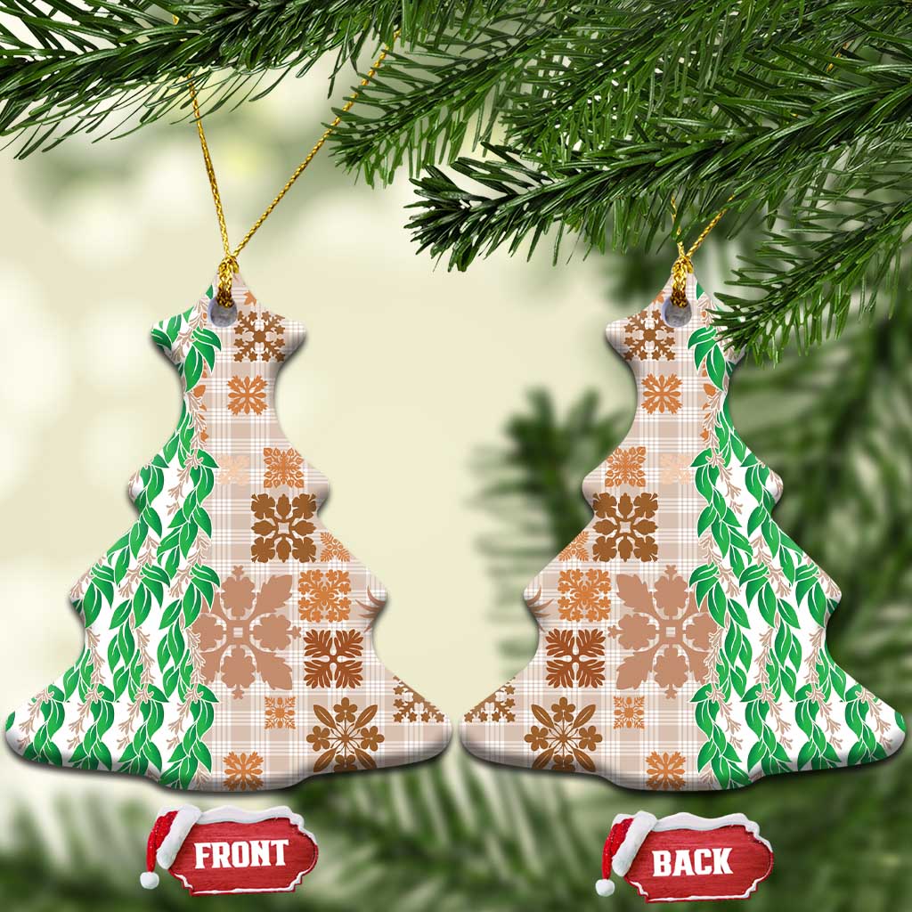 Aloha Hawaii Palaka Tuberose Lei Ceramic Ornament Hawaiian Quilt Seamless Style LT14 Christmas Tree Beige - Polynesian Pride