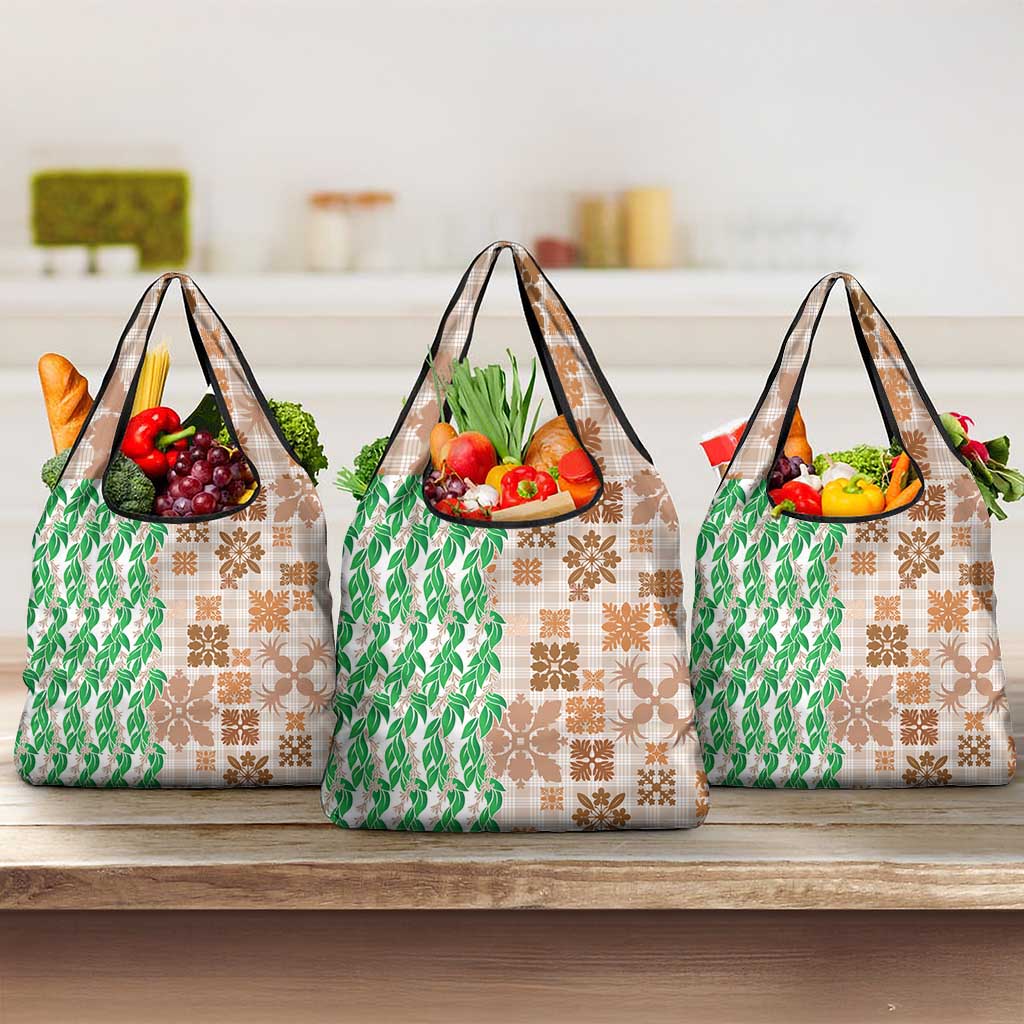 Aloha Hawaii Palaka Tuberose Lei Grocery Bag Hawaiian Quilt Seamless Style LT14 3-pack One Size Beige - Polynesian Pride