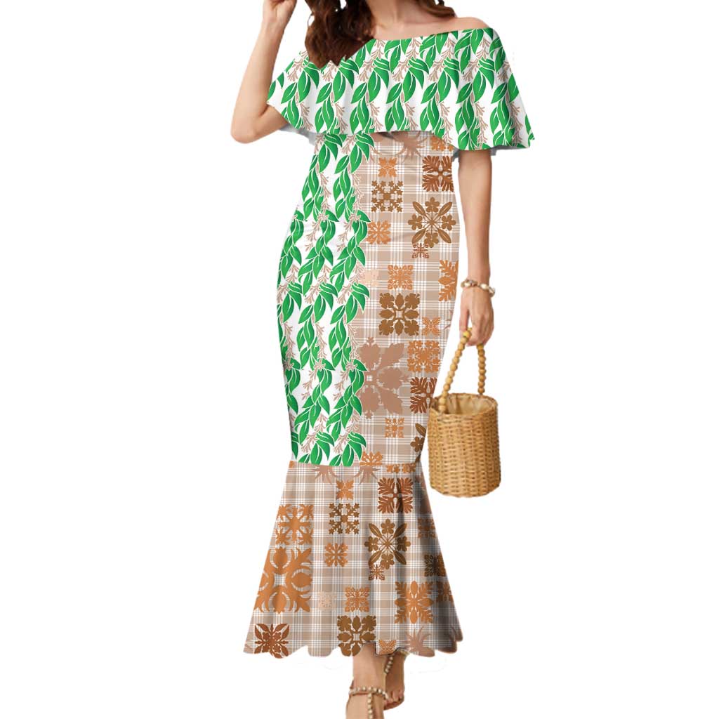 Aloha Hawaii Palaka Tuberose Lei Mermaid Dress Hawaiian Quilt Seamless Style LT14 Women Beige - Polynesian Pride
