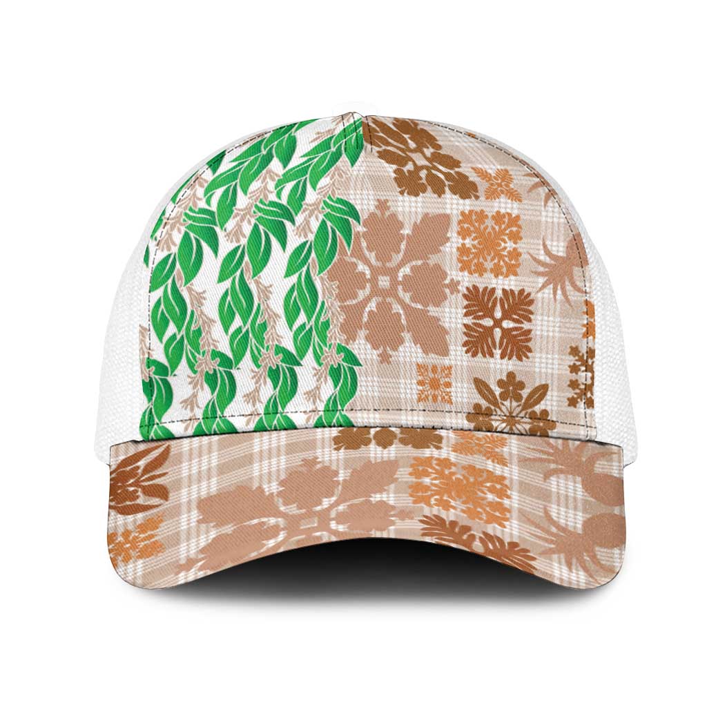 Aloha Hawaii Palaka Tuberose Lei Mesh Trucker Cap Hawaiian Quilt Seamless Style LT14 One Size White Beige - Polynesian Pride