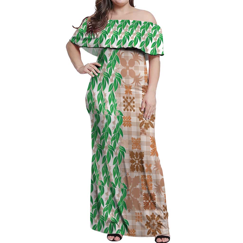 Aloha Hawaii Palaka Tuberose Lei Off Shoulder Maxi Dress Hawaiian Quilt Seamless Style LT14 Women Beige - Polynesian Pride