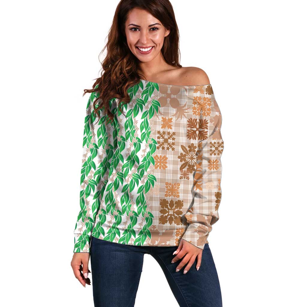 Aloha Hawaii Palaka Tuberose Lei Off Shoulder Sweater Hawaiian Quilt Seamless Style LT14 Women Beige - Polynesian Pride