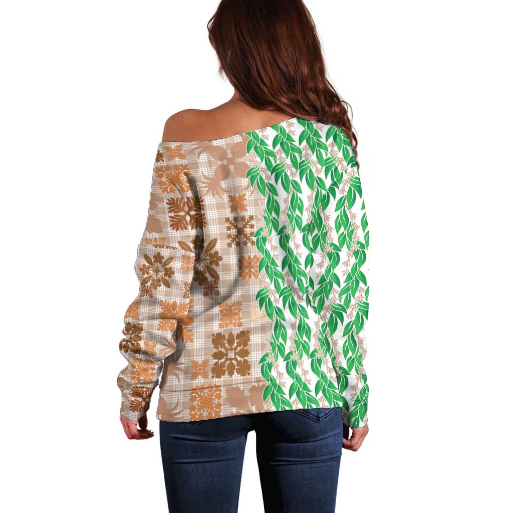 Aloha Hawaii Palaka Tuberose Lei Off Shoulder Sweater Hawaiian Quilt Seamless Style LT14 - Polynesian Pride