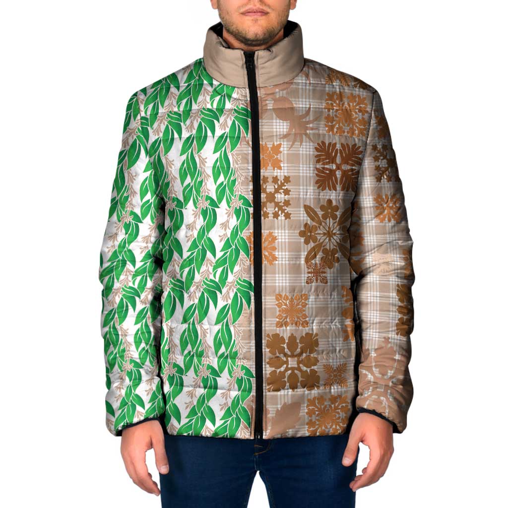 Aloha Hawaii Palaka Tuberose Lei Padded Jacket Hawaiian Quilt Seamless Style LT14 Men Beige - Polynesian Pride