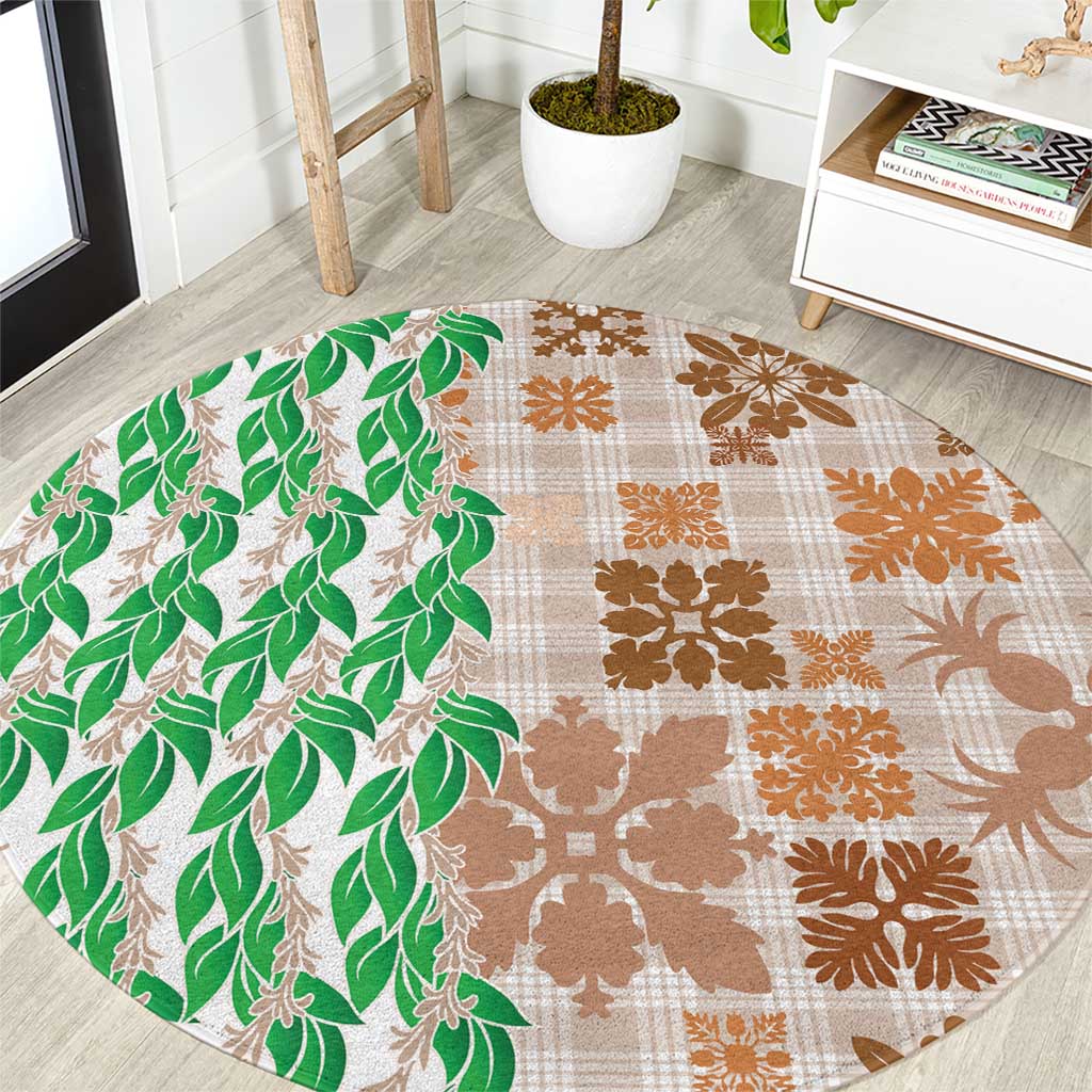 Aloha Hawaii Palaka Tuberose Lei Round Carpet Hawaiian Quilt Seamless Style LT14 Beige - Polynesian Pride