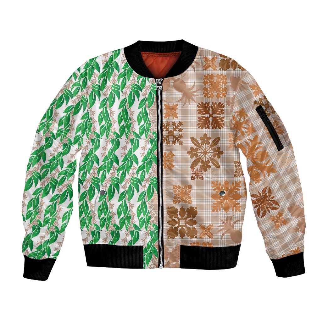 Aloha Hawaii Palaka Tuberose Lei Sleeve Zip Bomber Jacket Hawaiian Quilt Seamless Style LT14 Unisex Beige - Polynesian Pride