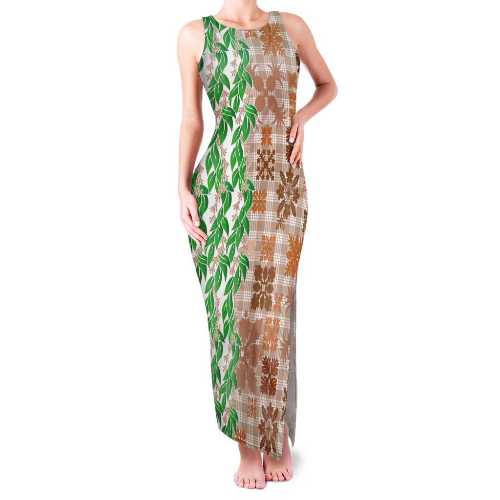 Aloha Hawaii Palaka Tuberose Lei Tank Maxi Dress Hawaiian Quilt Seamless Style LT14 Women Beige - Polynesian Pride