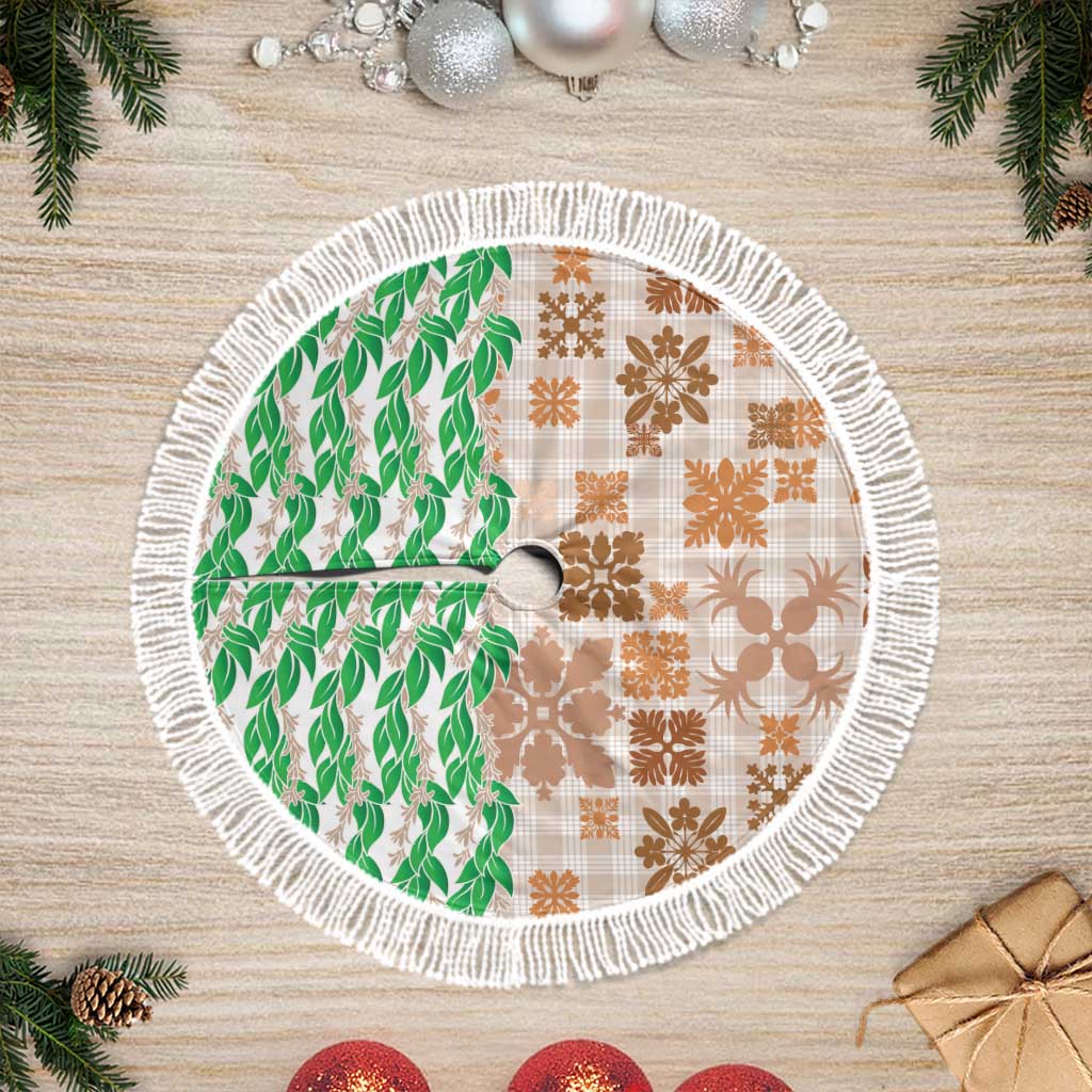 Aloha Hawaii Palaka Tuberose Lei Tree Skirt Hawaiian Quilt Seamless Style LT14 Fringed Beige - Polynesian Pride