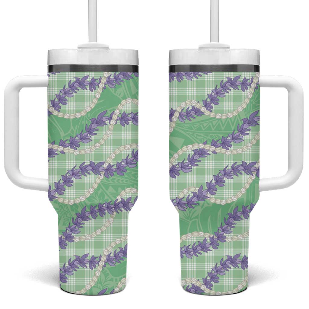 Pastel Green Hawaii Palaka Honohono Pikake Tumbler With Handle Hawaiian Orchid Lei Polynesian Pattern LT14 One Size: 40 oz Pastel Green - Polynesian Pride