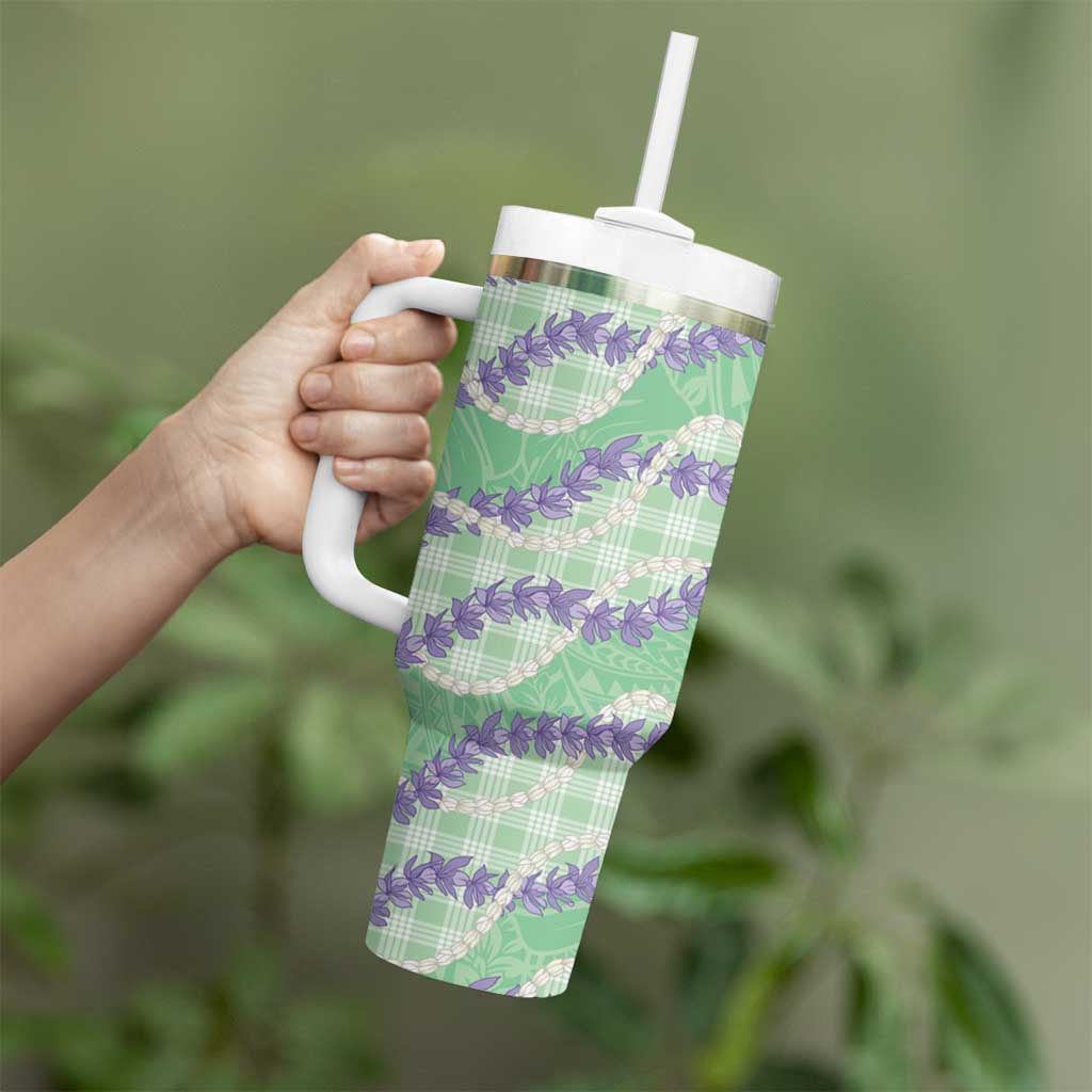 Pastel Green Hawaii Palaka Honohono Pikake Tumbler With Handle Hawaiian Orchid Lei Polynesian Pattern LT14 - Polynesian Pride