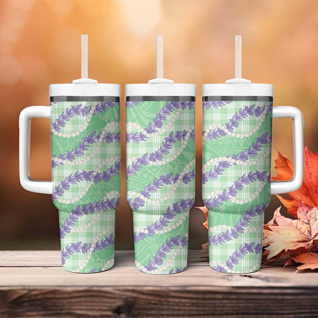 Pastel Green Hawaii Palaka Honohono Pikake Tumbler With Handle Hawaiian Orchid Lei Polynesian Pattern LT14 - Polynesian Pride