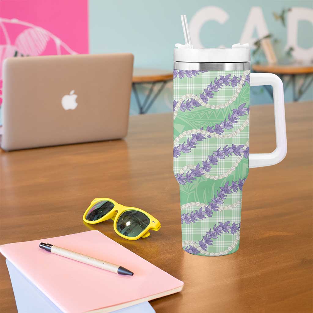 Pastel Green Hawaii Palaka Honohono Pikake Tumbler With Handle Hawaiian Orchid Lei Polynesian Pattern LT14 - Polynesian Pride