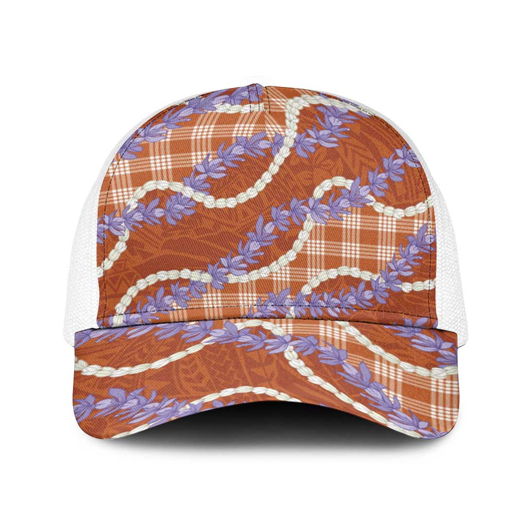 Orange Hawaii Palaka Honohono Pikake Baseball Net Cap Hawaiian Orchid Lei Polynesian Pattern LT14 One Size White Orange - Polynesian Pride