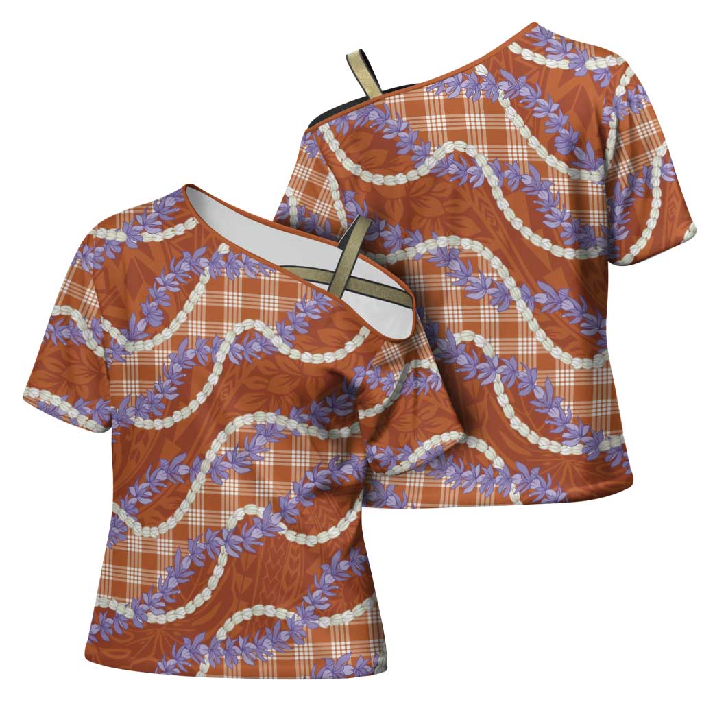 Orange Hawaii Palaka Honohono Pikake Cross Shoulder Shirt Hawaiian Orchid Lei Polynesian Pattern LT14 - Polynesian Pride