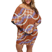 Orange Hawaii Palaka Honohono Pikake Off Shoulder Short Dress Hawaiian Orchid Lei Polynesian Pattern LT14 Women Orange - Polynesian Pride