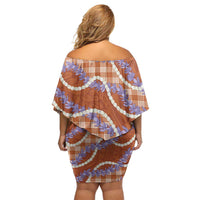 Orange Hawaii Palaka Honohono Pikake Off Shoulder Short Dress Hawaiian Orchid Lei Polynesian Pattern LT14 - Polynesian Pride