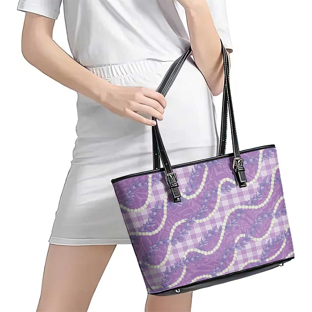 Purple Hawaii Palaka Honohono Pikake Leather Tote Bag Hawaiian Orchid Lei Polynesian Pattern LT14 - Polynesian Pride