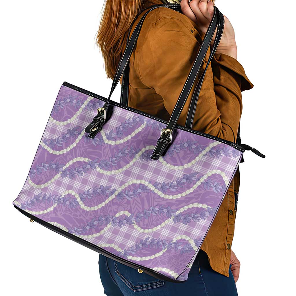 Purple Hawaii Palaka Honohono Pikake Leather Tote Bag Hawaiian Orchid Lei Polynesian Pattern LT14 - Polynesian Pride
