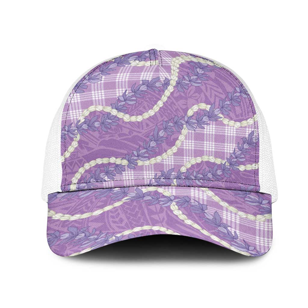 Purple Hawaii Palaka Honohono Pikake Mesh Trucker Cap Hawaiian Orchid Lei Polynesian Pattern LT14 One Size White Purple - Polynesian Pride