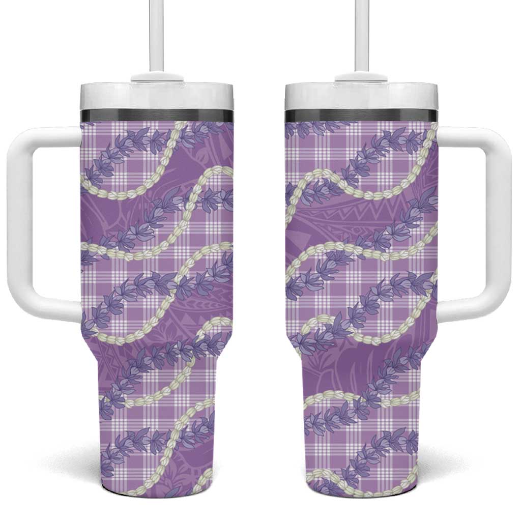 Purple Hawaii Palaka Honohono Pikake Tumbler With Handle Hawaiian Orchid Lei Polynesian Pattern LT14 One Size: 40 oz Purple - Polynesian Pride