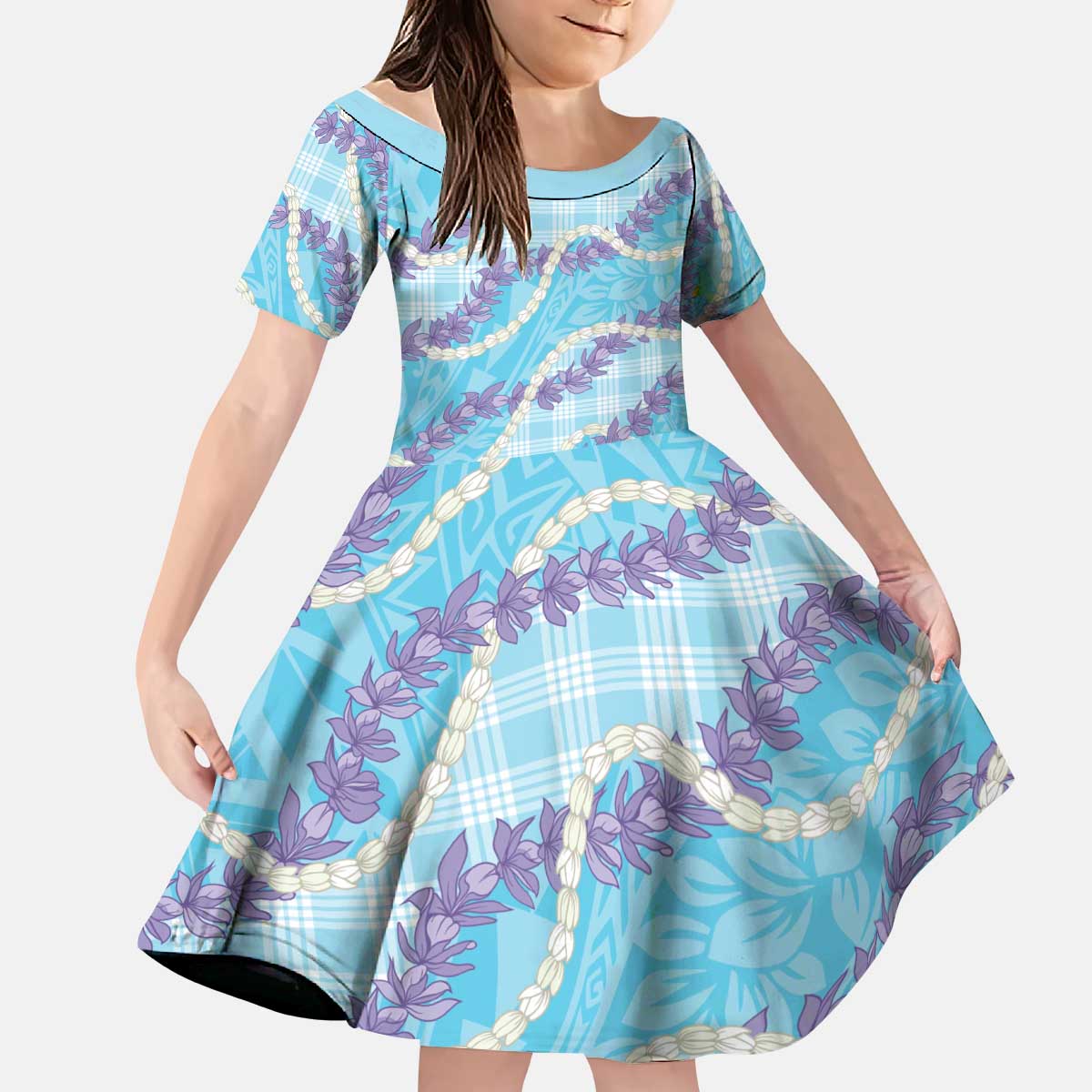 Blue Hawaii Palaka Honohono Pikake Kid Short Sleeve Dress Hawaiian Orchid Lei Polynesian Pattern LT14 KID Blue - Polynesian Pride