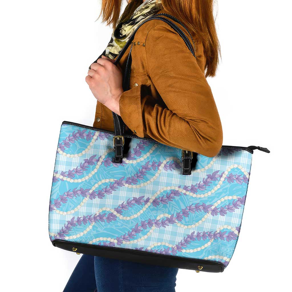 Blue Hawaii Palaka Honohono Pikake Leather Tote Bag Hawaiian Orchid Lei Polynesian Pattern LT14 Blue - Polynesian Pride