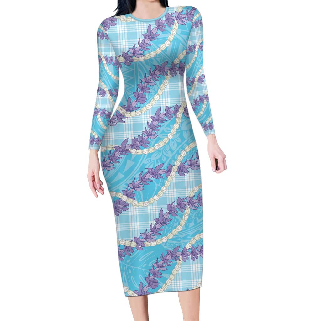 Blue Hawaii Palaka Honohono Pikake Long Sleeve Bodycon Dress Hawaiian Orchid Lei Polynesian Pattern LT14 Long Dress Blue - Polynesian Pride