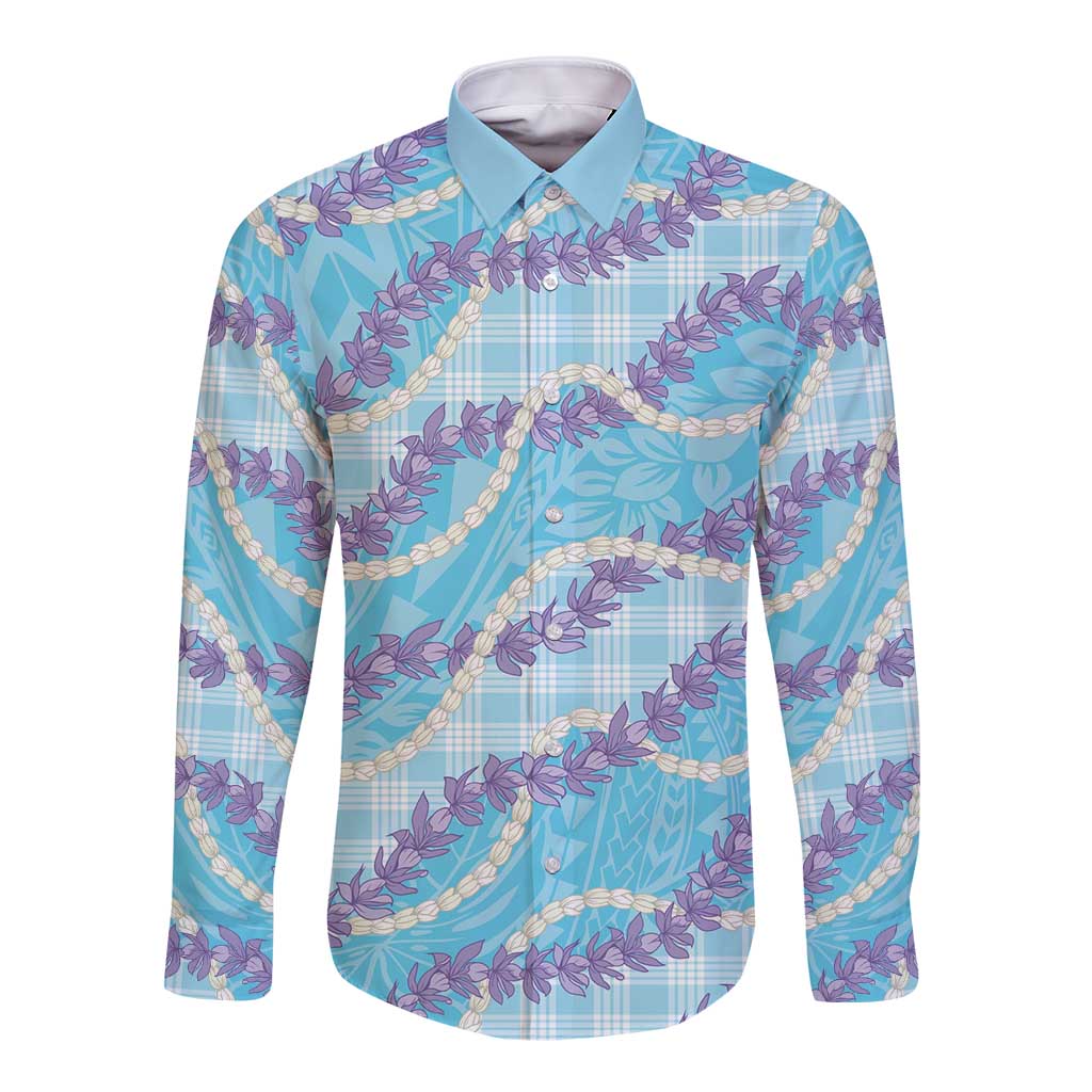 Blue Hawaii Palaka Honohono Pikake Long Sleeve Button Shirt Hawaiian Orchid Lei Polynesian Pattern LT14 Unisex Blue - Polynesian Pride