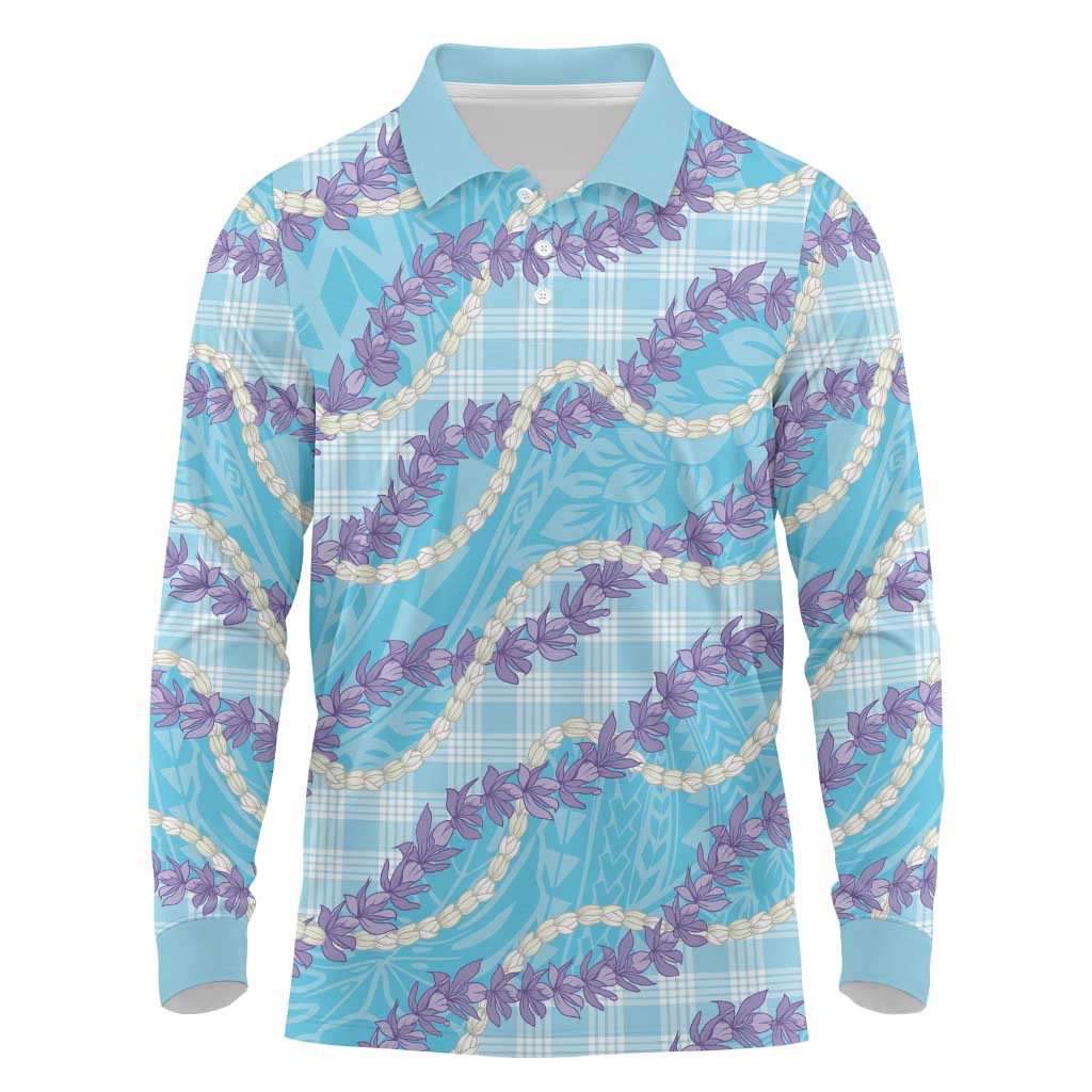 Blue Hawaii Palaka Honohono Pikake Long Sleeve Polo Shirt Hawaiian Orchid Lei Polynesian Pattern LT14 Blue - Polynesian Pride