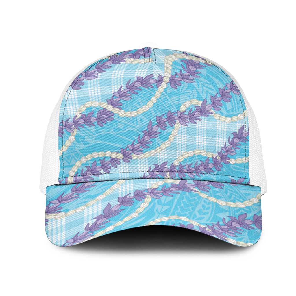 Blue Hawaii Palaka Honohono Pikake Mesh Trucker Cap Hawaiian Orchid Lei Polynesian Pattern LT14 One Size White Blue - Polynesian Pride