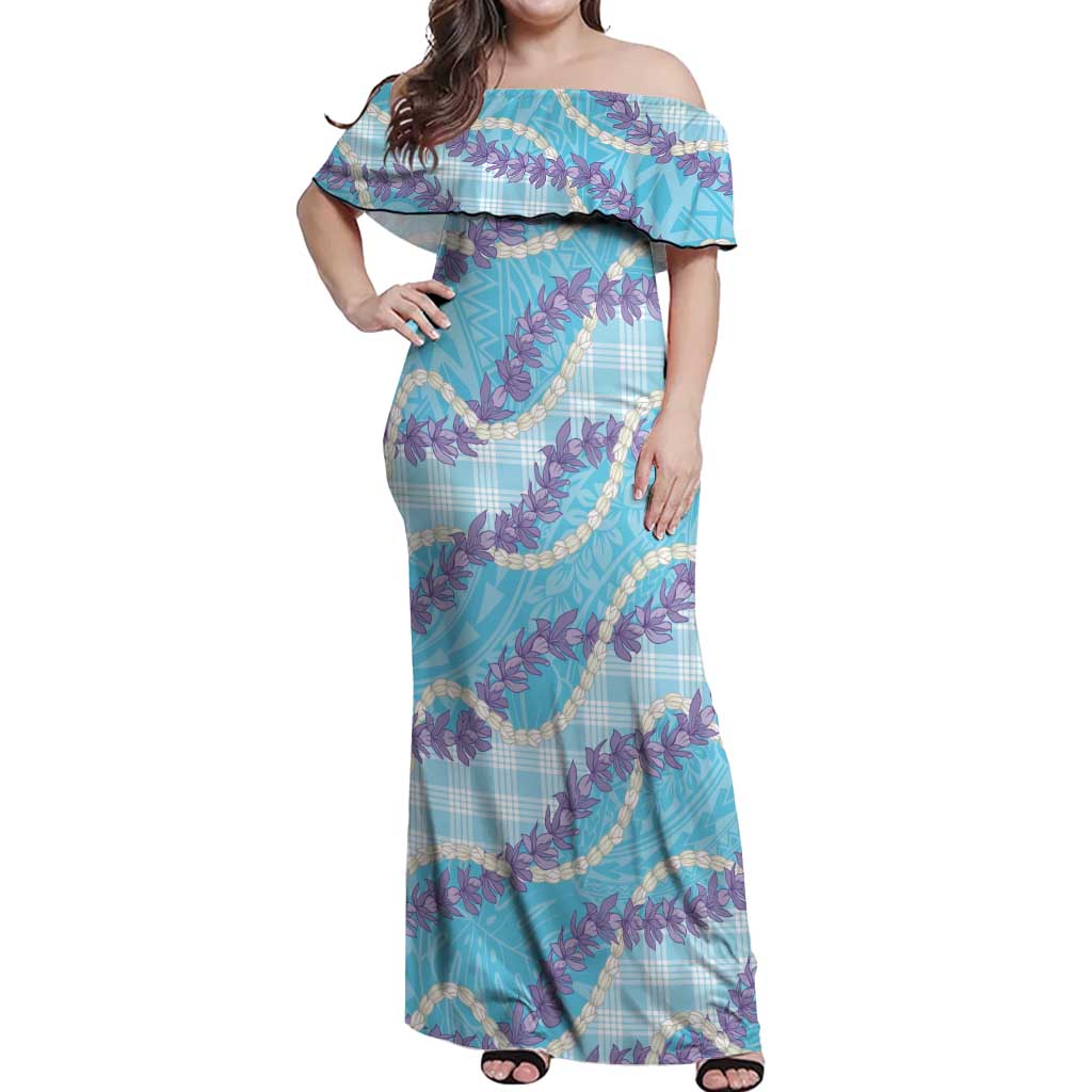 Blue Hawaii Palaka Honohono Pikake Off Shoulder Maxi Dress Hawaiian Orchid Lei Polynesian Pattern LT14 Women Blue - Polynesian Pride