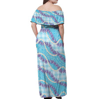 Blue Hawaii Palaka Honohono Pikake Off Shoulder Maxi Dress Hawaiian Orchid Lei Polynesian Pattern LT14 - Polynesian Pride