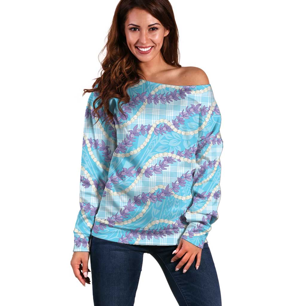 Blue Hawaii Palaka Honohono Pikake Off Shoulder Sweater Hawaiian Orchid Lei Polynesian Pattern LT14 Women Blue - Polynesian Pride