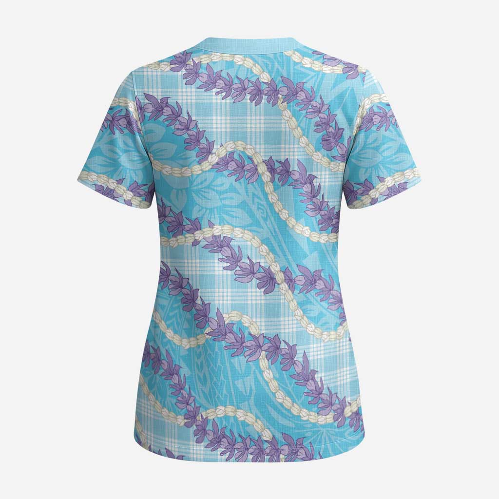 Blue Hawaii Palaka Honohono Pikake Scrub Top Hawaiian Orchid Lei Polynesian Pattern LT14 - Polynesian Pride