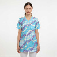 Blue Hawaii Palaka Honohono Pikake Scrub Top Hawaiian Orchid Lei Polynesian Pattern LT14 - Polynesian Pride
