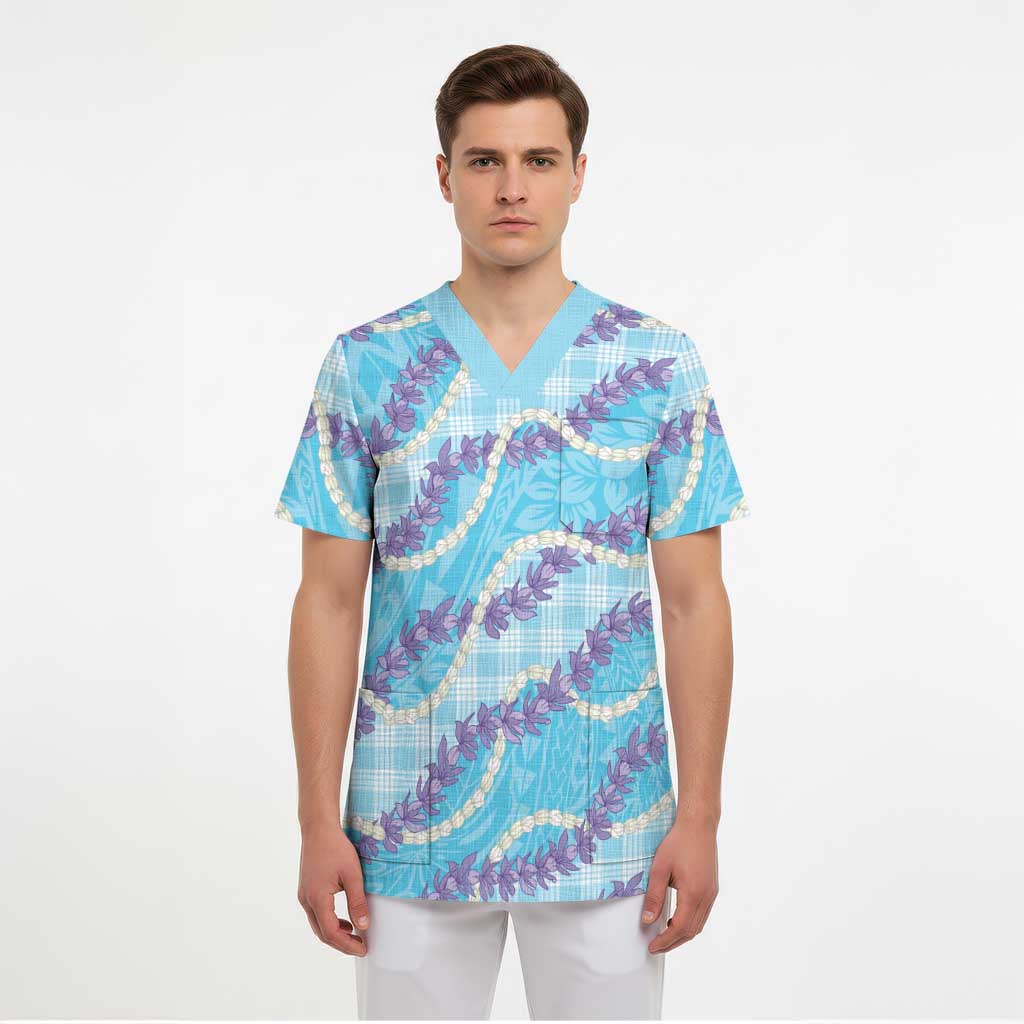 Blue Hawaii Palaka Honohono Pikake Scrub Top Hawaiian Orchid Lei Polynesian Pattern LT14 - Polynesian Pride