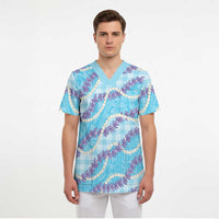 Blue Hawaii Palaka Honohono Pikake Scrub Top Hawaiian Orchid Lei Polynesian Pattern LT14 - Polynesian Pride