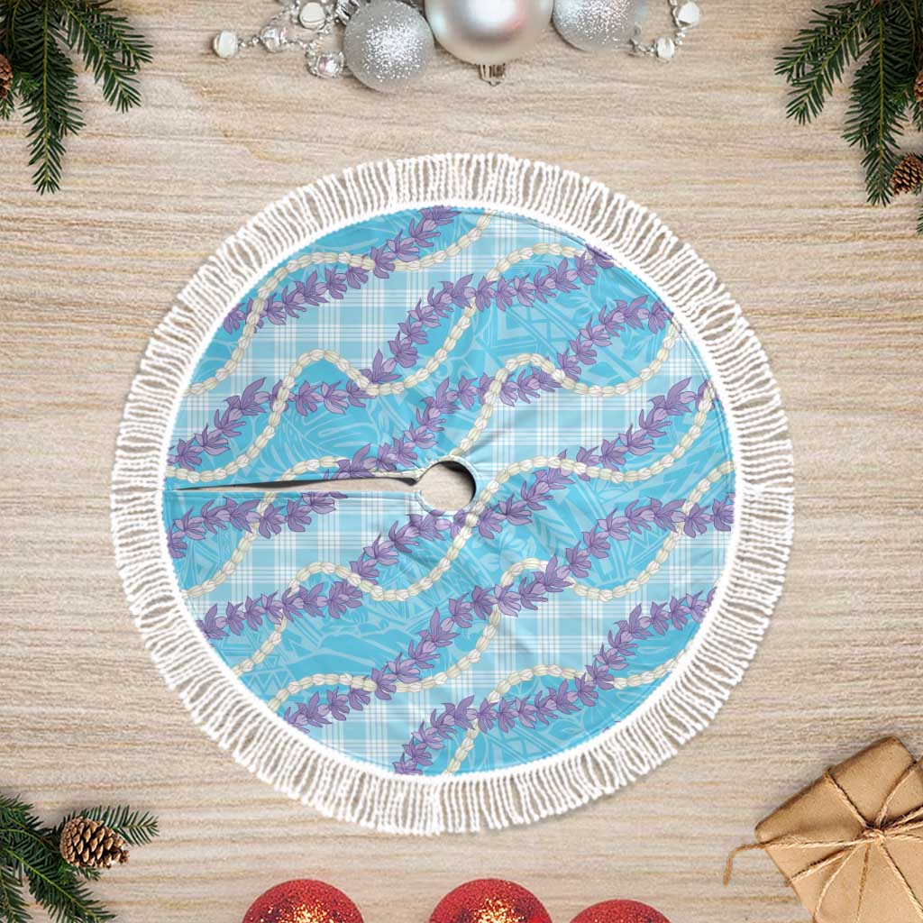 Blue Hawaii Palaka Honohono Pikake Tree Skirt Hawaiian Orchid Lei Polynesian Pattern LT14 Fringed Blue - Polynesian Pride