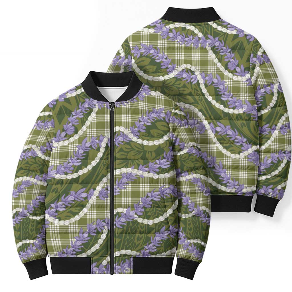 Green Hawaii Palaka Honohono Pikake Bomber Puffer Jacket Hawaiian Orchid Lei Polynesian Pattern LT14 - Polynesian Pride