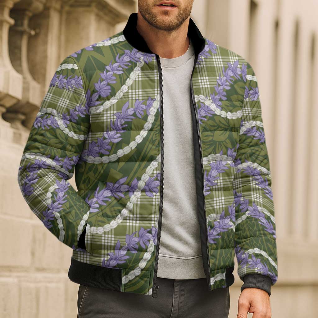 Green Hawaii Palaka Honohono Pikake Bomber Puffer Jacket Hawaiian Orchid Lei Polynesian Pattern LT14 - Polynesian Pride