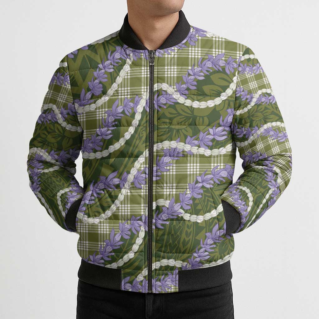 Green Hawaii Palaka Honohono Pikake Bomber Puffer Jacket Hawaiian Orchid Lei Polynesian Pattern LT14 - Polynesian Pride
