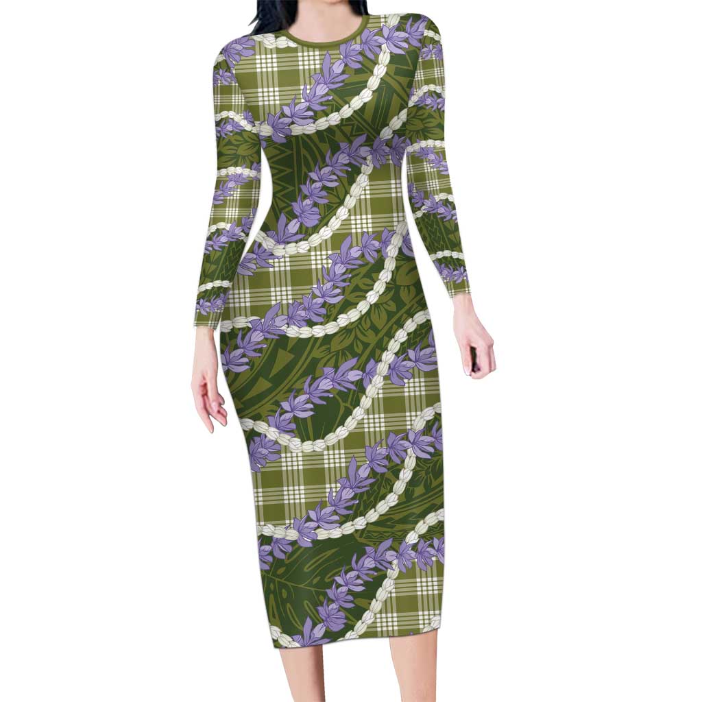 Green Hawaii Palaka Honohono Pikake Long Sleeve Bodycon Dress Hawaiian Orchid Lei Polynesian Pattern LT14 Long Dress Green - Polynesian Pride