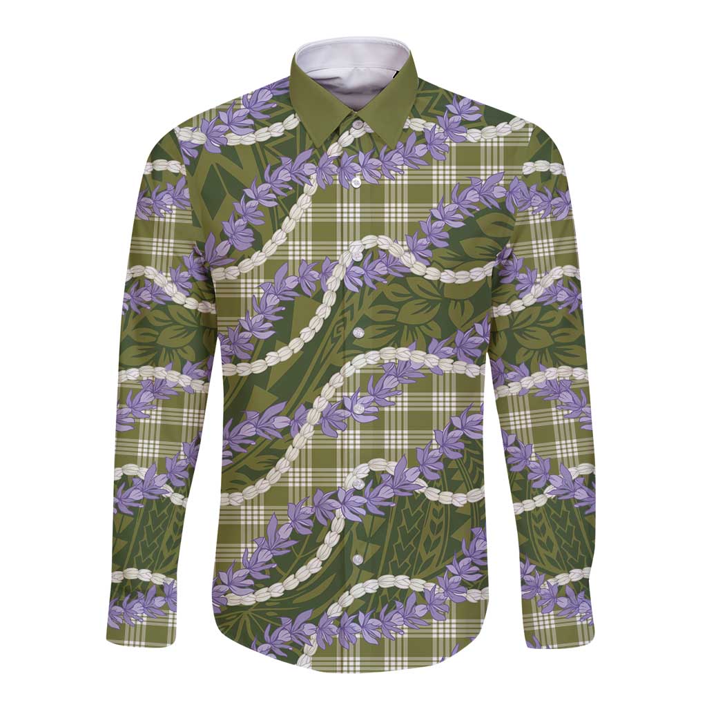 Green Hawaii Palaka Honohono Pikake Long Sleeve Button Shirt Hawaiian Orchid Lei Polynesian Pattern LT14 Unisex Green - Polynesian Pride