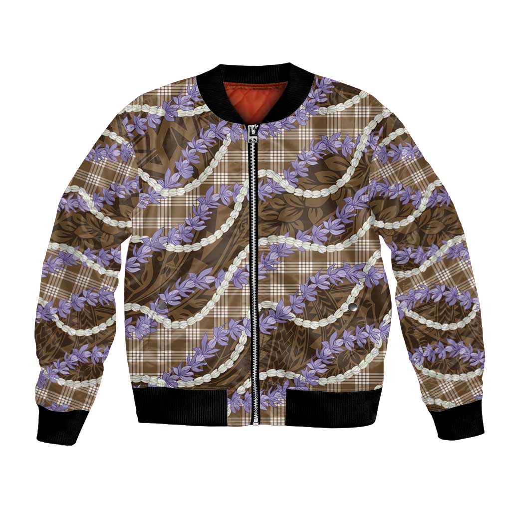 Brown Hawaii Palaka Honohono Pikake Bomber Jacket Hawaiian Orchid Lei Polynesian Pattern LT14 Unisex Brown - Polynesian Pride