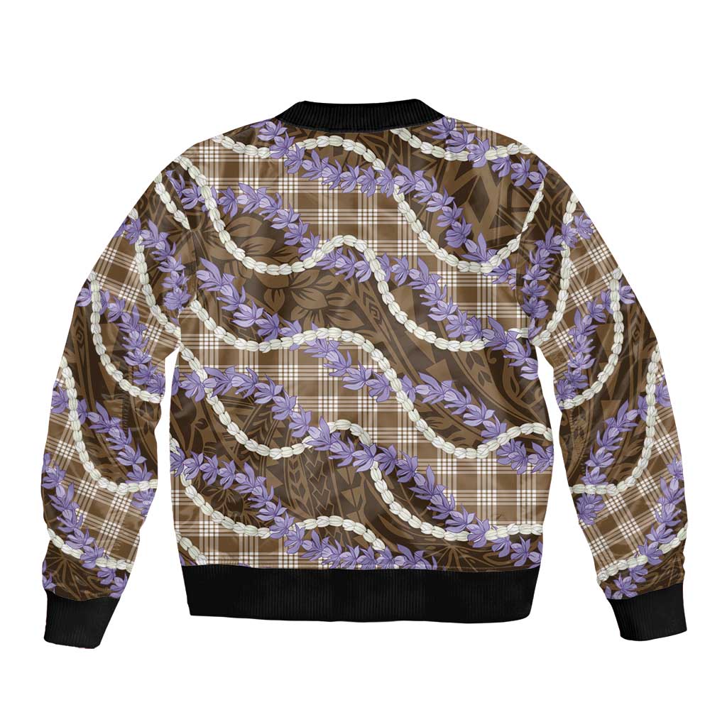 Brown Hawaii Palaka Honohono Pikake Bomber Jacket Hawaiian Orchid Lei Polynesian Pattern LT14 - Polynesian Pride